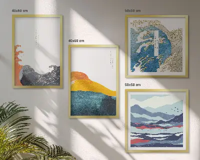 Set de 4 cuadros para salón con motivos de olas de arte japonés
