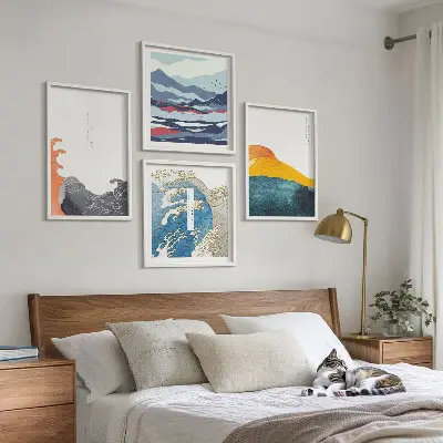 Set de 4 cuadros para salón con motivos de olas de arte japonés