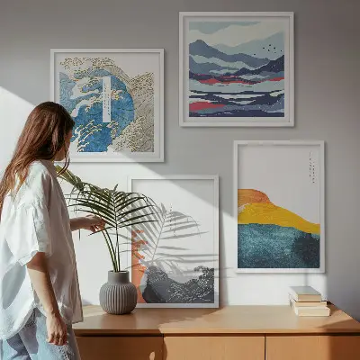 Set de 4 cuadros para salón con motivos de olas de arte japonés