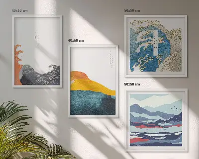 Set de 4 cuadros para salón con motivos de olas de arte japonés