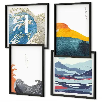 Set de 4 cuadros para salón con motivos de olas de arte japonés