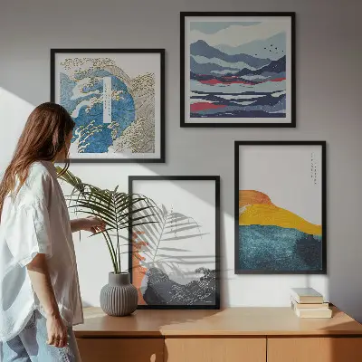 Set de 4 cuadros para salón con motivos de olas de arte japonés