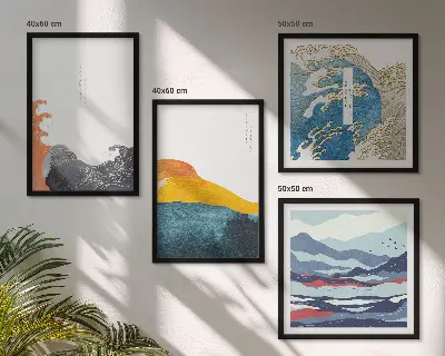 Set de 4 cuadros para salón con motivos de olas de arte japonés