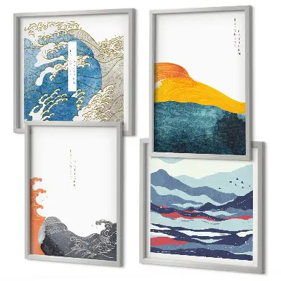 Set de 4 cuadros para salón con motivos de olas de arte japonés