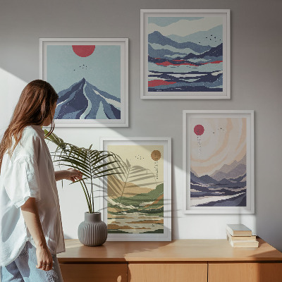 Set de cuadros modernos para salón Montañas en tonos pastel al estilo japonés