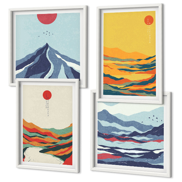 Set de 4 cuadros para salón Montañas fluviales abstractas y coloridas