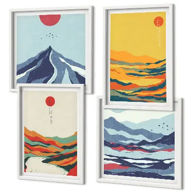 Set de 4 cuadros para salón con diseño de montañas fluviales abstractas y coloridas
