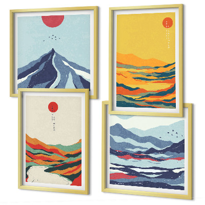 Set de 4 cuadros para salón Montañas fluviales abstractas y coloridas