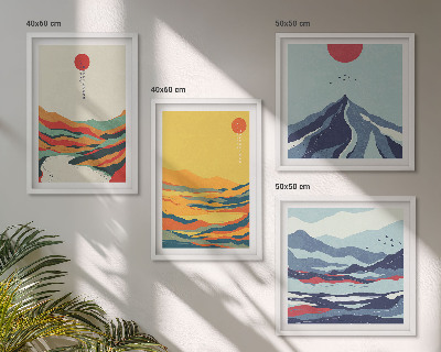 Set de 4 cuadros para salón Montañas fluviales abstractas y coloridas