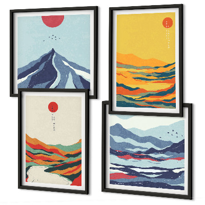 Set de 4 cuadros para salón Montañas fluviales abstractas y coloridas