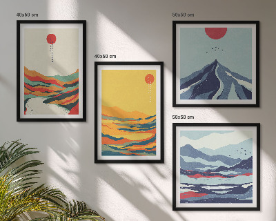 Set de 4 cuadros para salón Montañas fluviales abstractas y coloridas