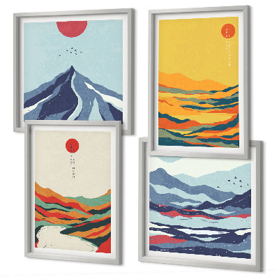 Set de 4 cuadros para salón Montañas fluviales abstractas y coloridas