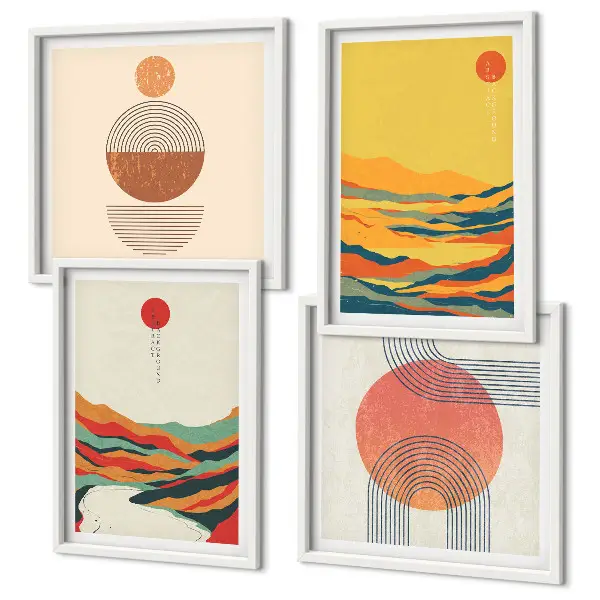 Set de cuadros modernos para salón con patrones coloridos de montañas y río estilo Japandi