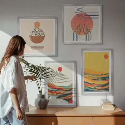 Set de cuadros modernos para salón con patrones coloridos de montañas y río estilo Japandi