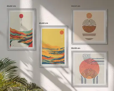 Set de cuadros modernos para salón con patrones coloridos de montañas y río estilo Japandi