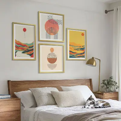 Set de cuadros modernos para salón con patrones coloridos de montañas y río estilo Japandi