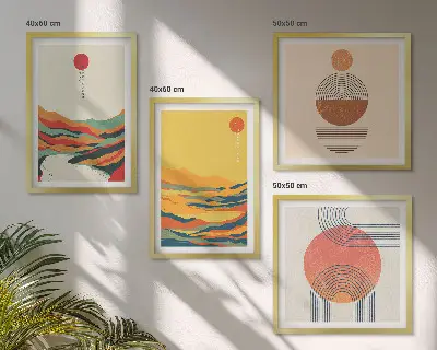 Set de cuadros modernos para salón con patrones coloridos de montañas y río estilo Japandi