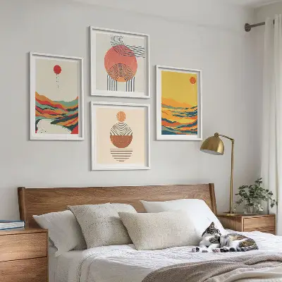 Set de cuadros modernos para salón con patrones coloridos de montañas y río estilo Japandi