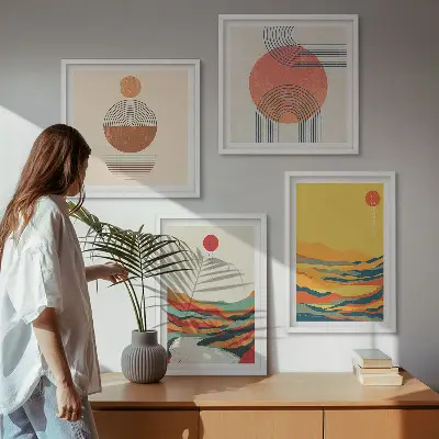 Set de cuadros modernos para salón con patrones coloridos de montañas y río estilo Japandi