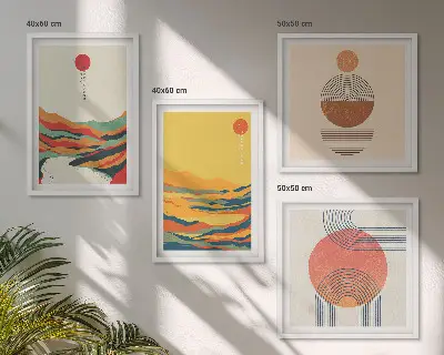 Set de cuadros modernos para salón con patrones coloridos de montañas y río estilo Japandi