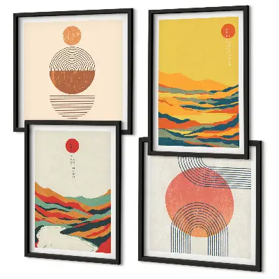 Set de cuadros modernos para salón con patrones coloridos de montañas y río estilo Japandi