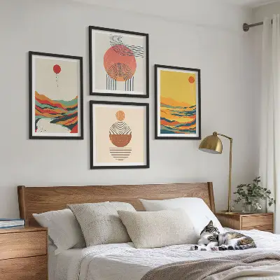 Set de cuadros modernos para salón con patrones coloridos de montañas y río estilo Japandi
