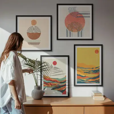 Set de cuadros modernos para salón con patrones coloridos de montañas y río estilo Japandi