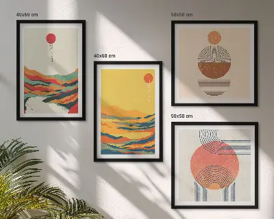Set de cuadros modernos para salón con patrones coloridos de montañas y río estilo Japandi