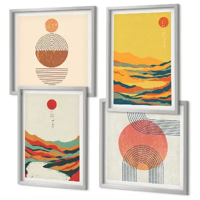 Set de cuadros modernos para salón con patrones coloridos de montañas y río estilo Japandi