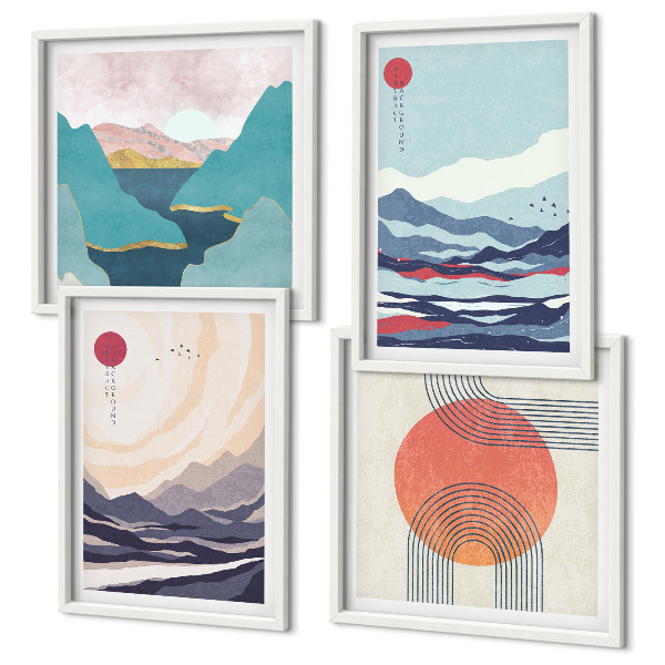 Set de 4 cuadros para salón paisajes montañosos japoneses