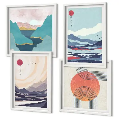 Set de 4 cuadros para salón de paisajes montañosos japoneses