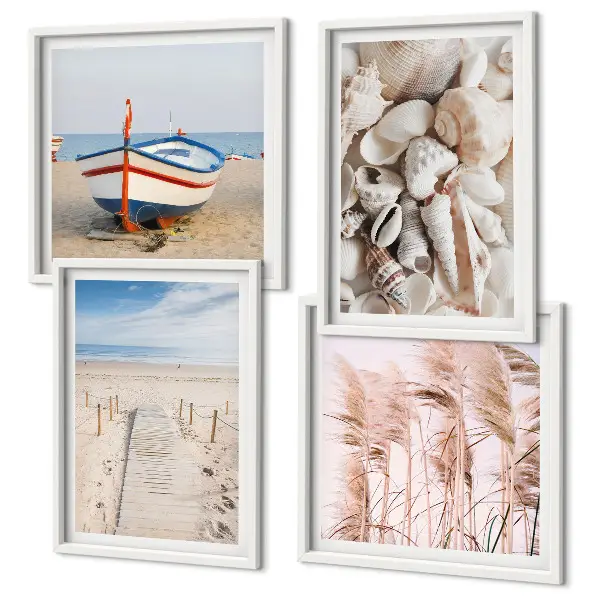 Galería de pared con barco de playa, conchas y hierba en estilo boho