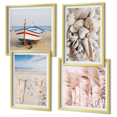 Galería de pared Barco de playa, conchas, hierba, estilo boho