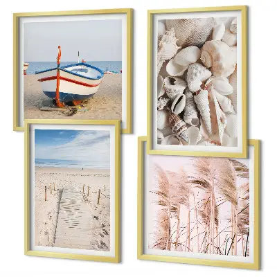 Galería de pared con barco de playa, conchas y hierba en estilo boho