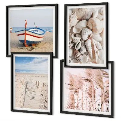 Galería de pared con barco de playa, conchas y hierba en estilo boho