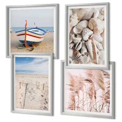 Galería de pared con barco de playa, conchas y hierba en estilo boho