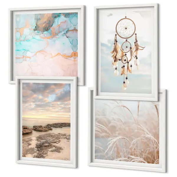 Set de cuadros modernos para salón diseño de mar de nubes y atrapasueños sobre hierba