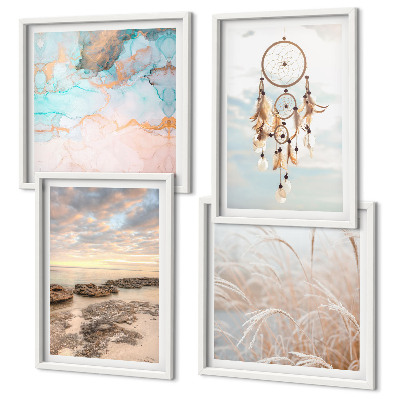 Set de cuadros modernos para salón Mar de nubes atrapasueños hierba