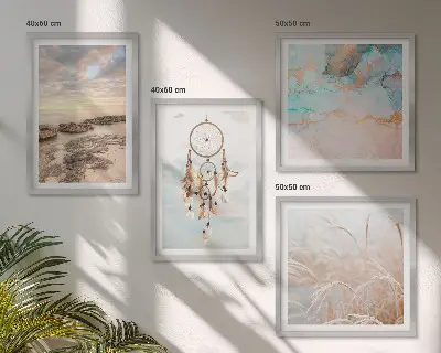 Set de cuadros modernos para salón diseño de mar de nubes y atrapasueños sobre hierba