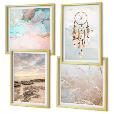Set de cuadros modernos para salón diseño de mar de nubes y atrapasueños sobre hierba