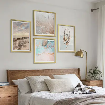 Set de cuadros modernos para salón diseño de mar de nubes y atrapasueños sobre hierba