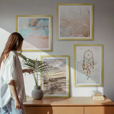 Set de cuadros modernos para salón diseño de mar de nubes y atrapasueños sobre hierba