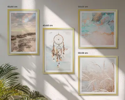Set de cuadros modernos para salón diseño de mar de nubes y atrapasueños sobre hierba