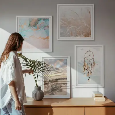 Set de cuadros modernos para salón diseño de mar de nubes y atrapasueños sobre hierba