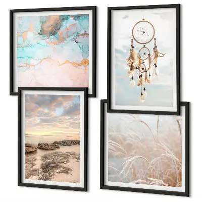 Set de cuadros modernos para salón diseño de mar de nubes y atrapasueños sobre hierba