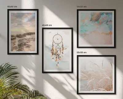 Set de cuadros modernos para salón diseño de mar de nubes y atrapasueños sobre hierba