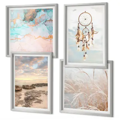 Set de cuadros modernos para salón diseño de mar de nubes y atrapasueños sobre hierba