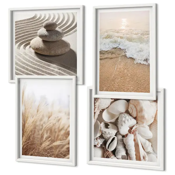 Set de 4 cuadros para salón con motivos de playa, conchas y olas