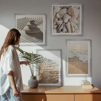 Set de 4 cuadros para salón con motivos de playa, conchas y olas
