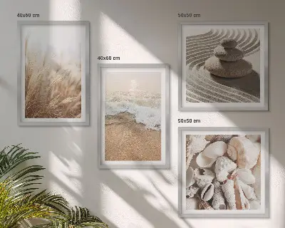 Set de 4 cuadros para salón con motivos de playa, conchas y olas